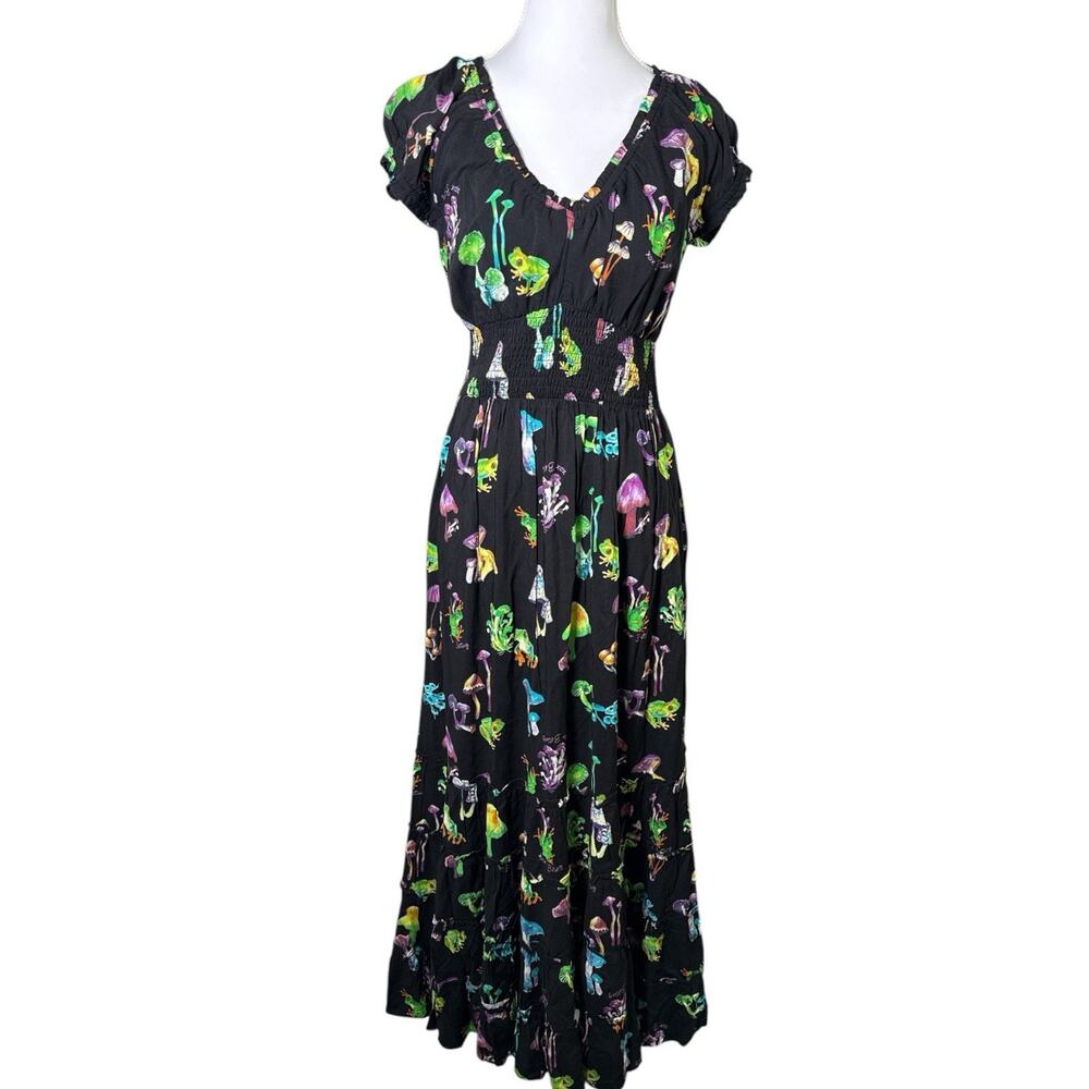 Betsey Johnson Mushroom Frog Maxi Dress Womens S Black Cottagecore NWT